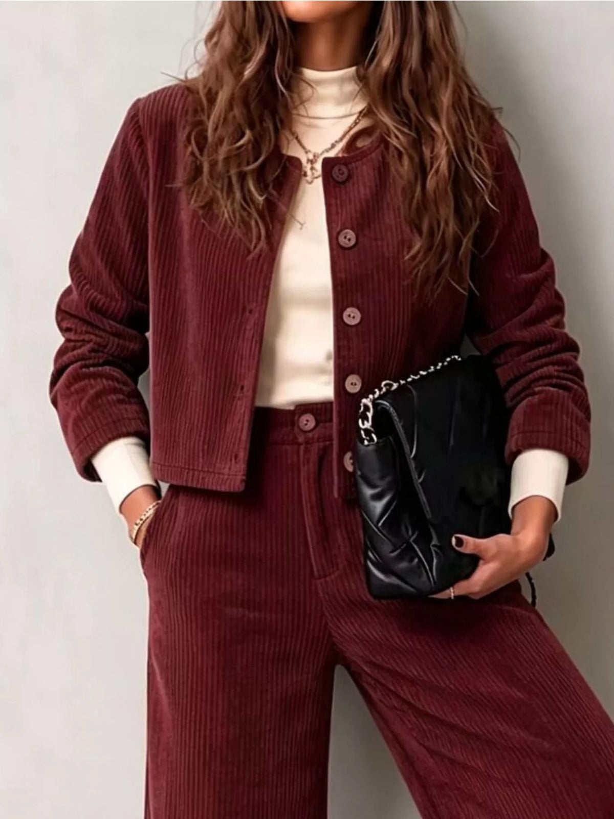 Corduroy Button-Down Jacket and Wide-Leg Pants Set