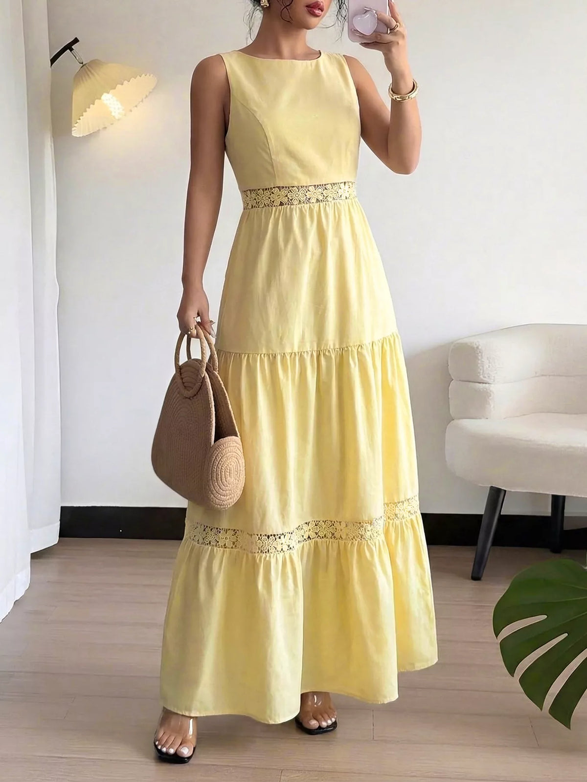 Lace-Trim Tiered Maxi Dress in Yellow