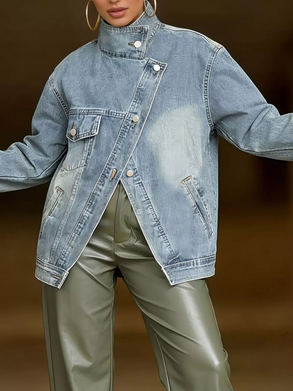 Asymmetric Stand Collar Denim Jacket