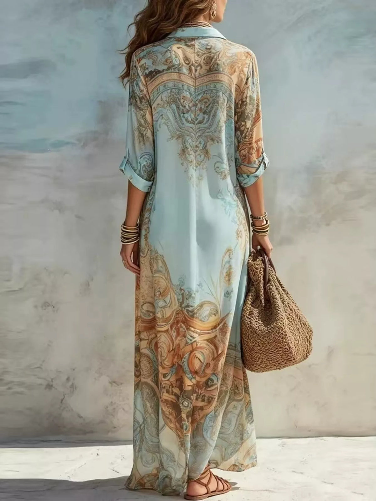 Printed Button-Down Shirt Maxi Dress