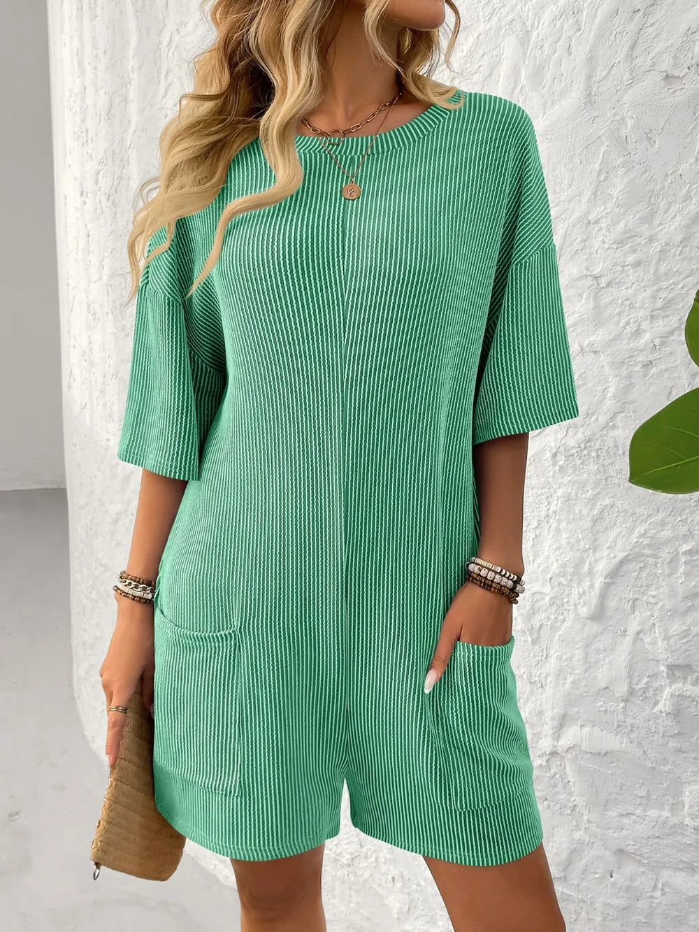 Backless Textured Half Sleeve Romper