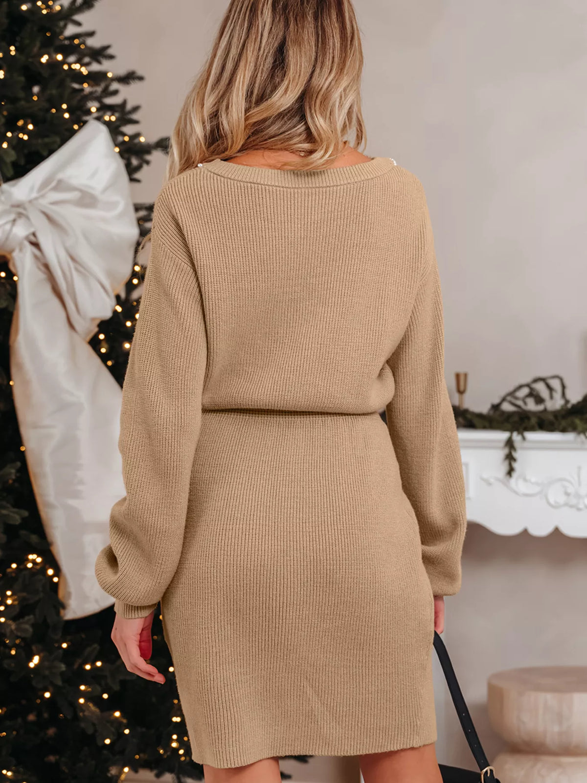 Pearl Embellished Keyhole Sweater Dress in Camel