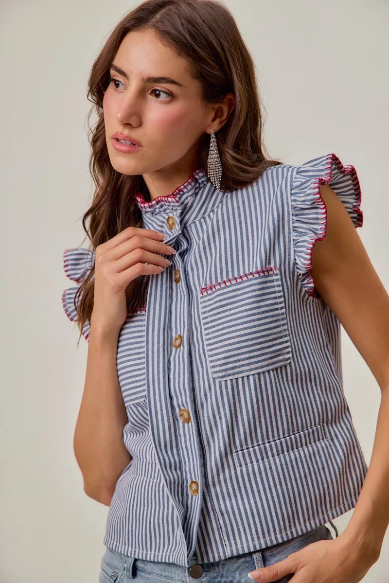 So Me Striped Ruffled Vest Top in Blue and Red in Blue/Red
