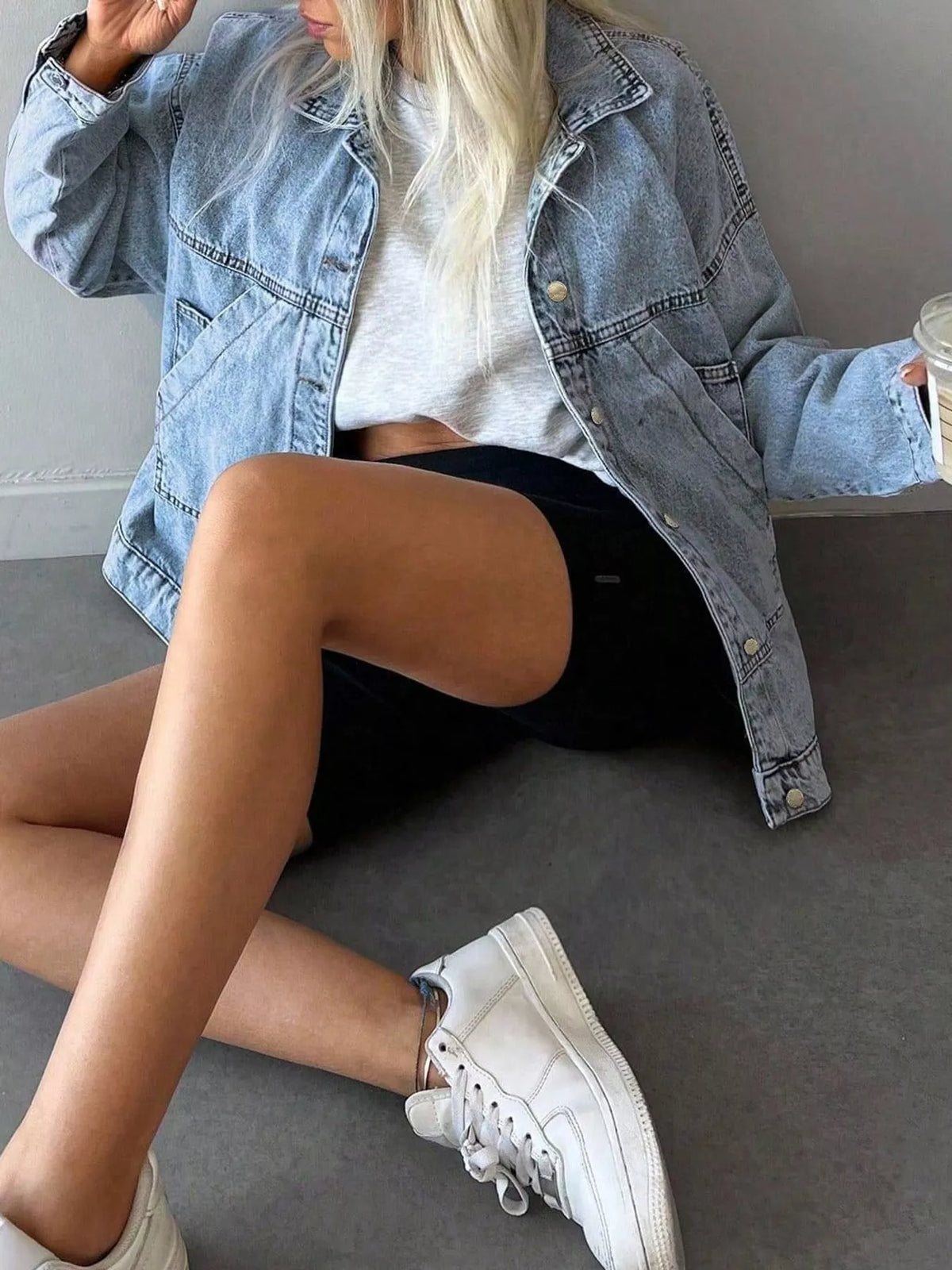 Oversized Dropped-Shoulder Denim Jacket in Light Blue