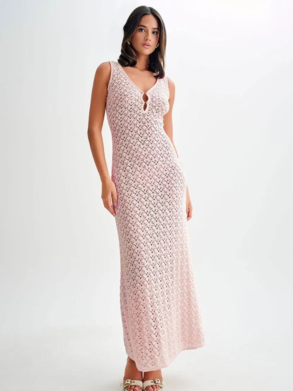 Openwork Sleeveless Maxi Dress with Sheer Detail by D&J Apparel