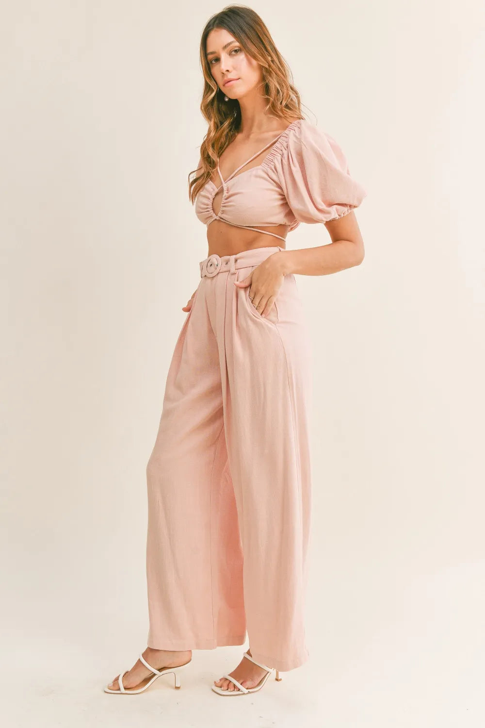 Cutout Drawstring Top and Belted Pants Set in Dusty Pink