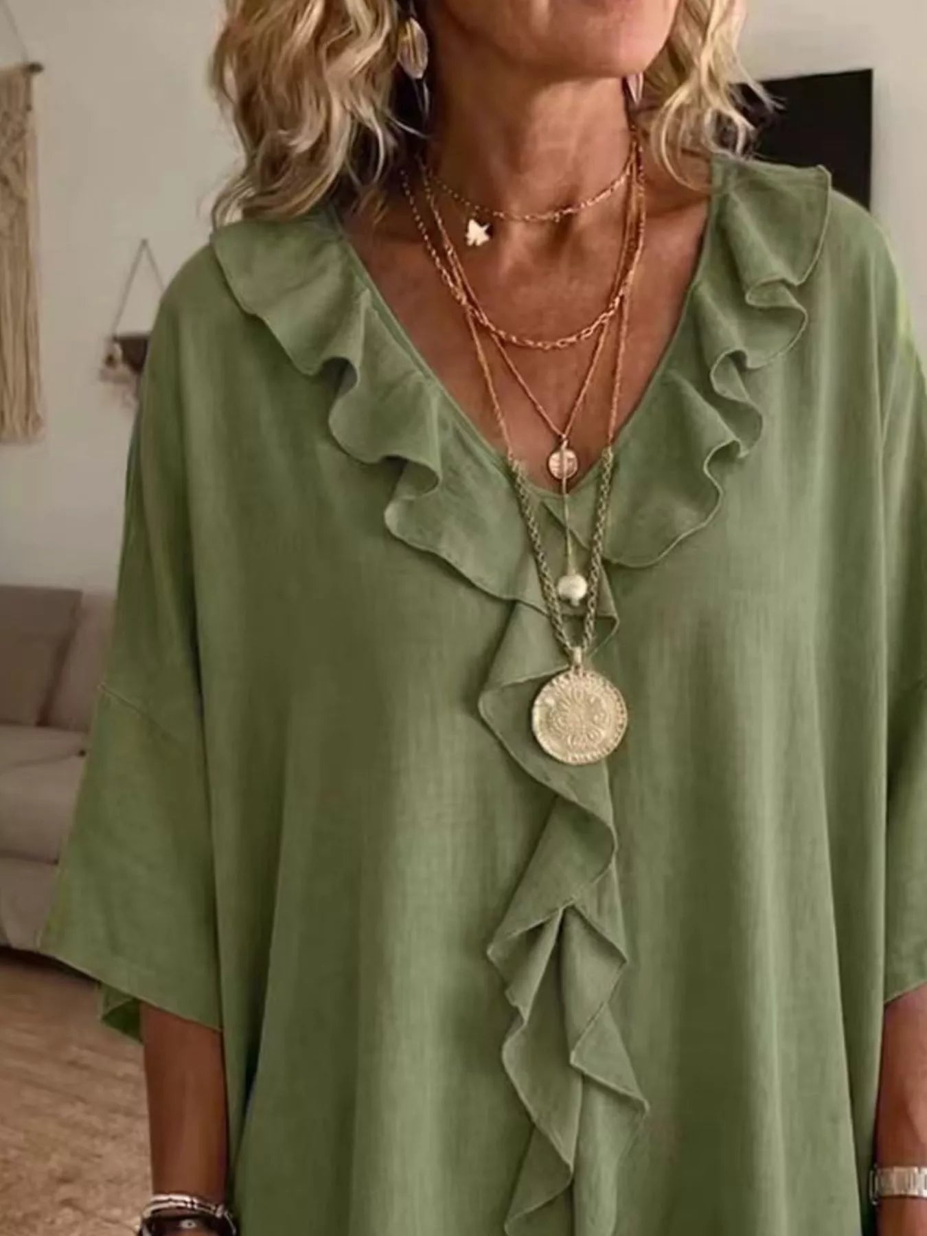 Ruffle V-Neck 3/4 Sleeve Blouse Plus Size