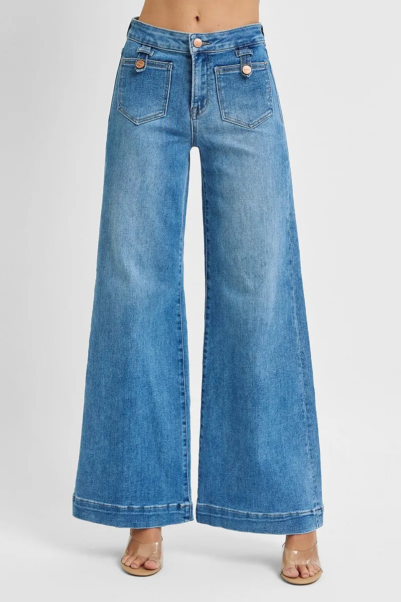 Risen Mid Rise Wide Leg Patch Pocket Jeans in Medium