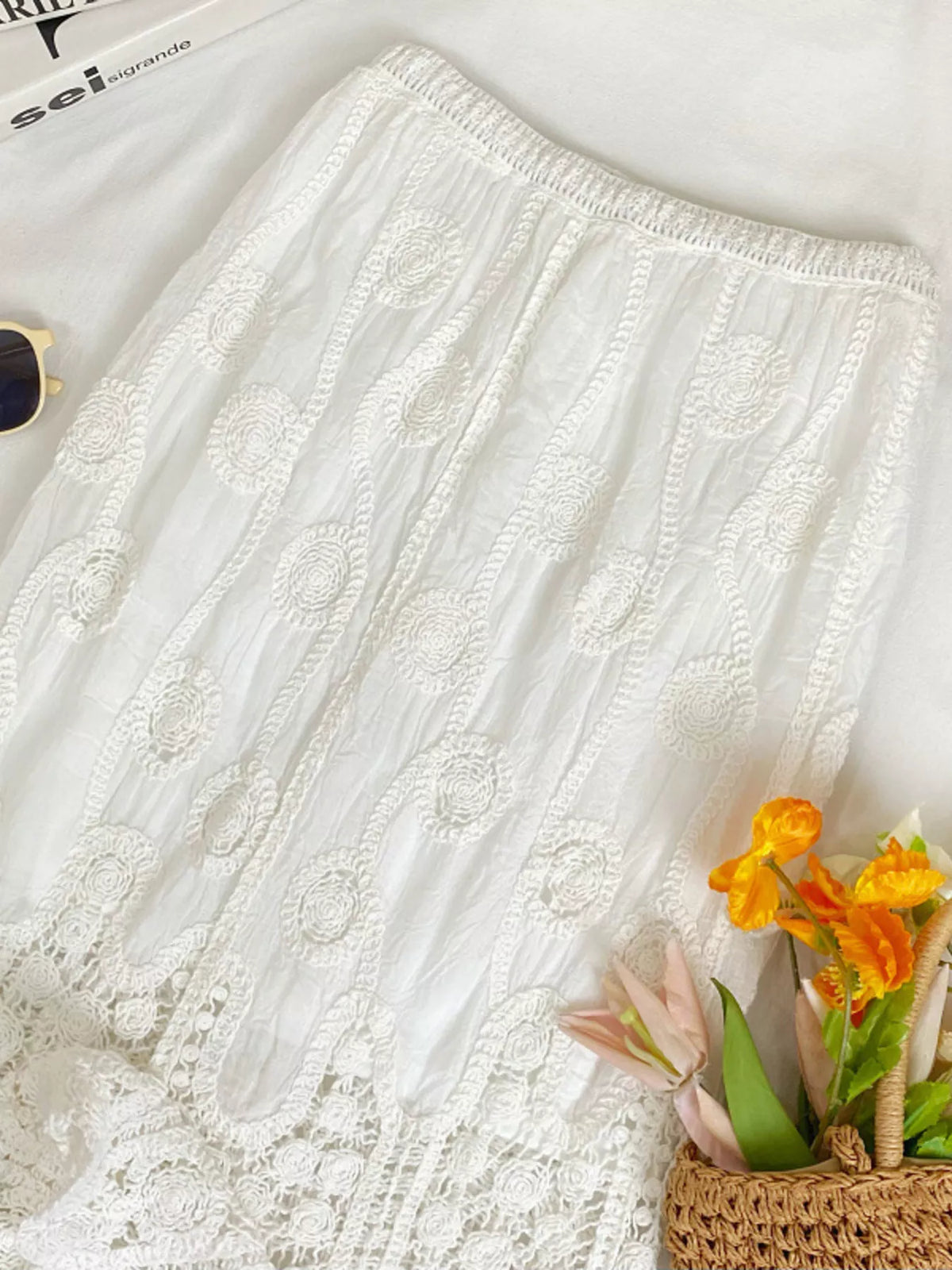 Lace Elastic-Waist Midi Skirt