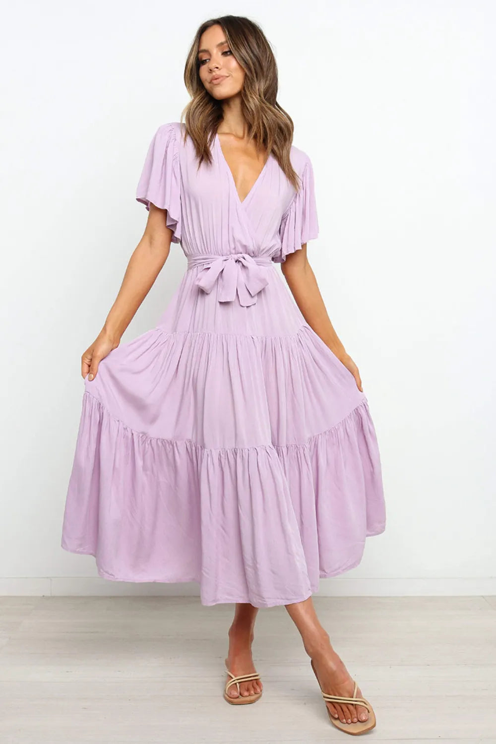 Tied-Back Tiered Midi Dress