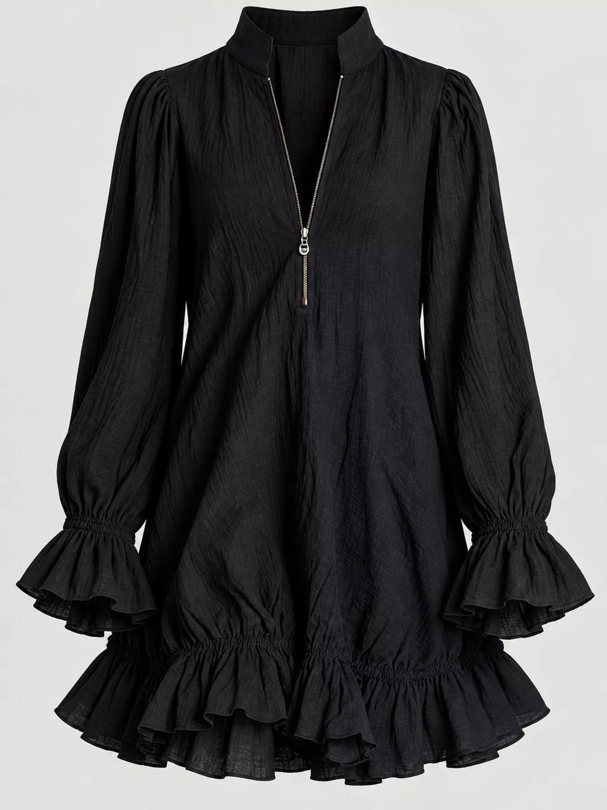 Zipper-Front Ruffle Hem Mini Dress