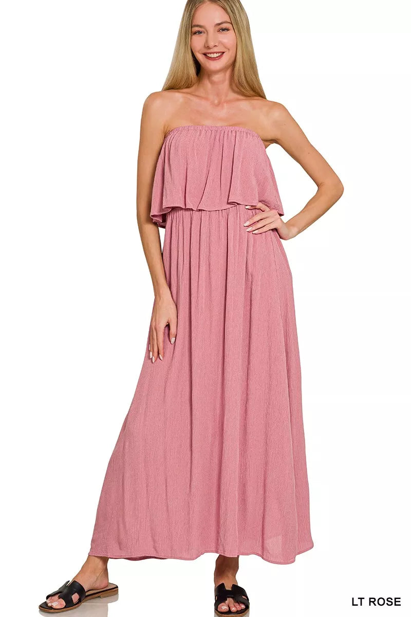 Zenana Crinkle Strapless Maxi Dress in Light Rose in Lt rose