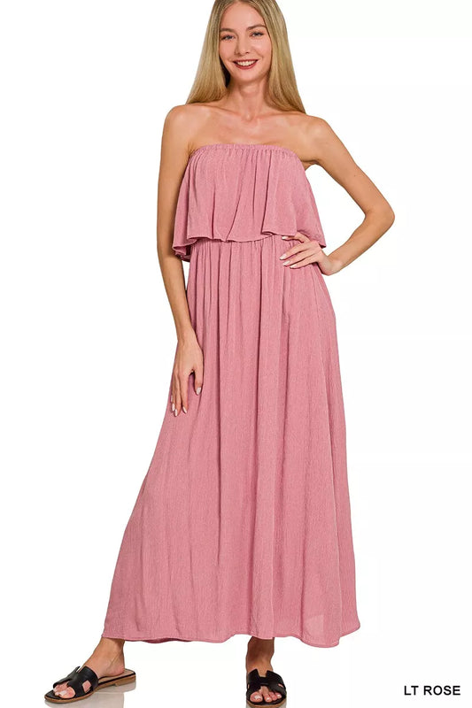 Zenana Crinkle Strapless Maxi Dress in Light Rose in Lt rose