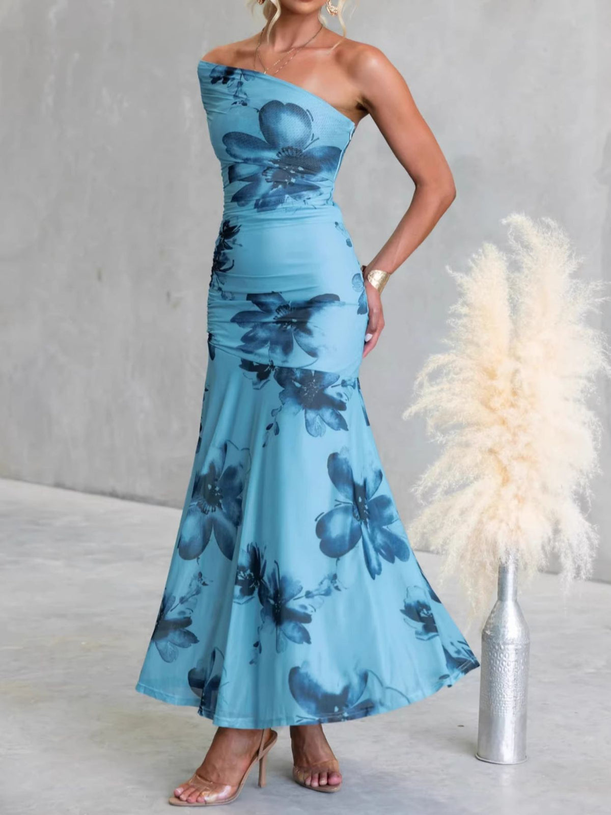 Floral Print One-Shoulder Ruched Maxi Dress in Blue