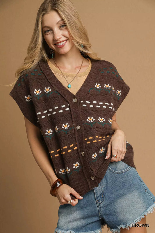 Umgee Floral Knit Button-Down Vest in Brown