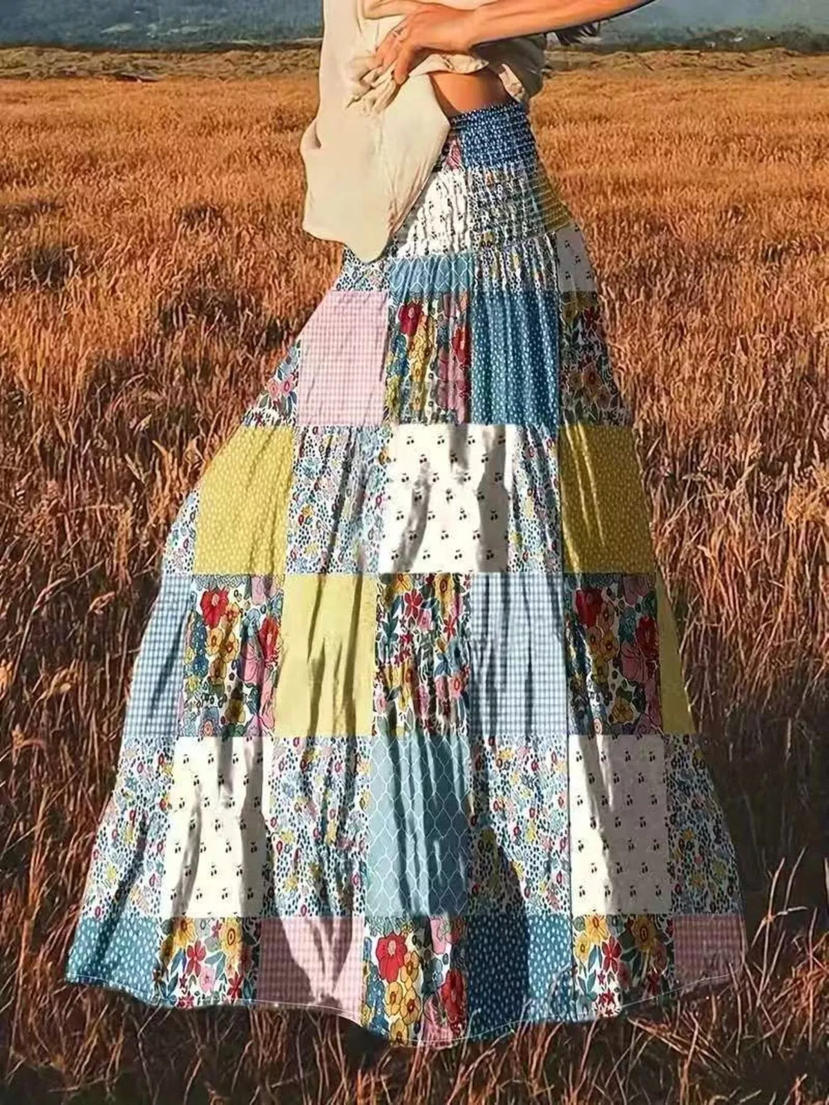 Patchwork Floral Tiered Maxi Skirt