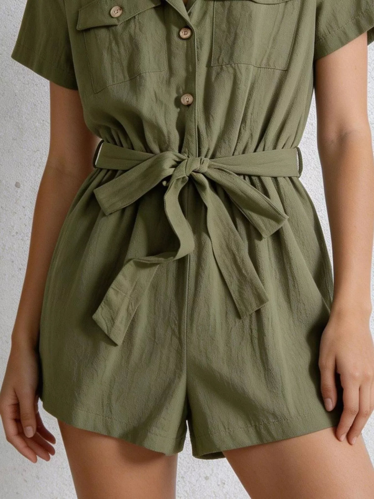 Tie-Waist Short Sleeve Romper in Moss