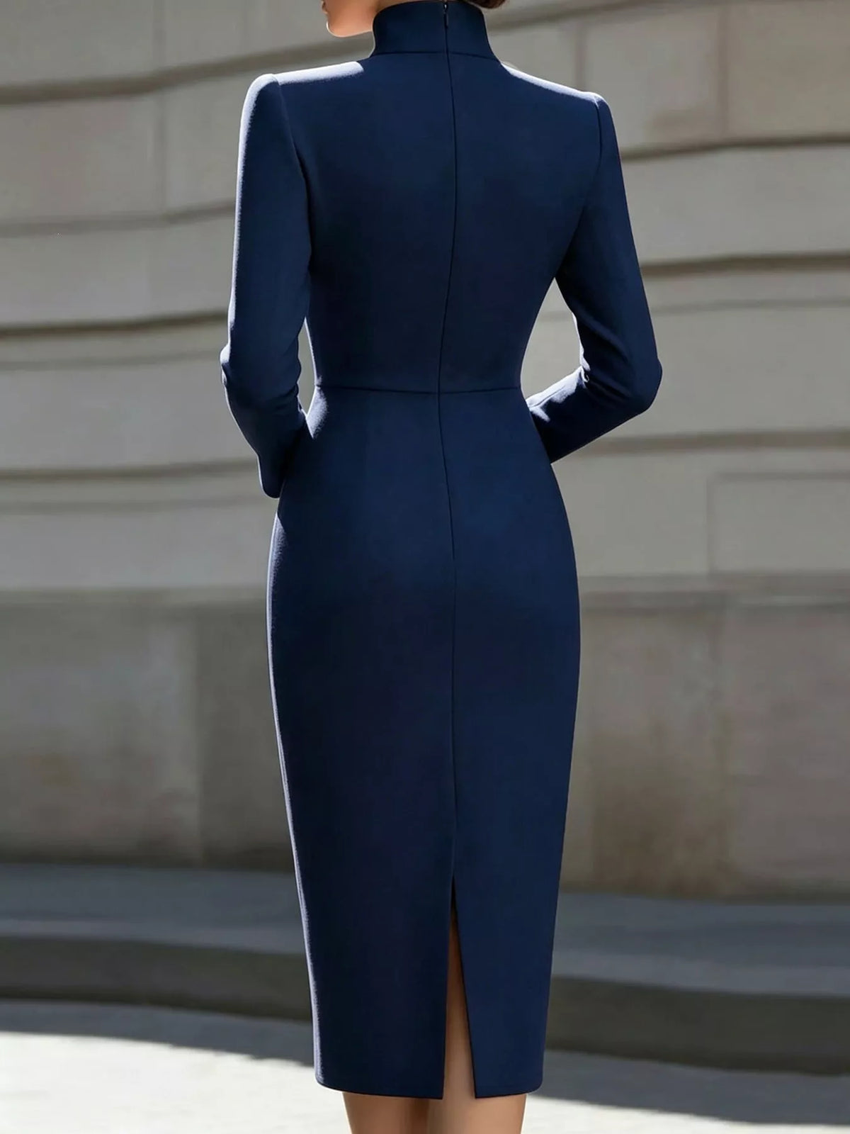 Plus Size Stand-Collar Long-Sleeve Midi Dress