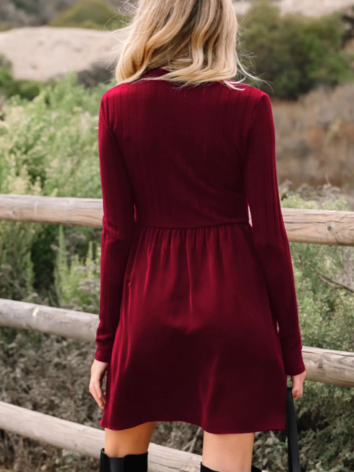 Frilled Neck Patchwork Mini Dress in Burgundy