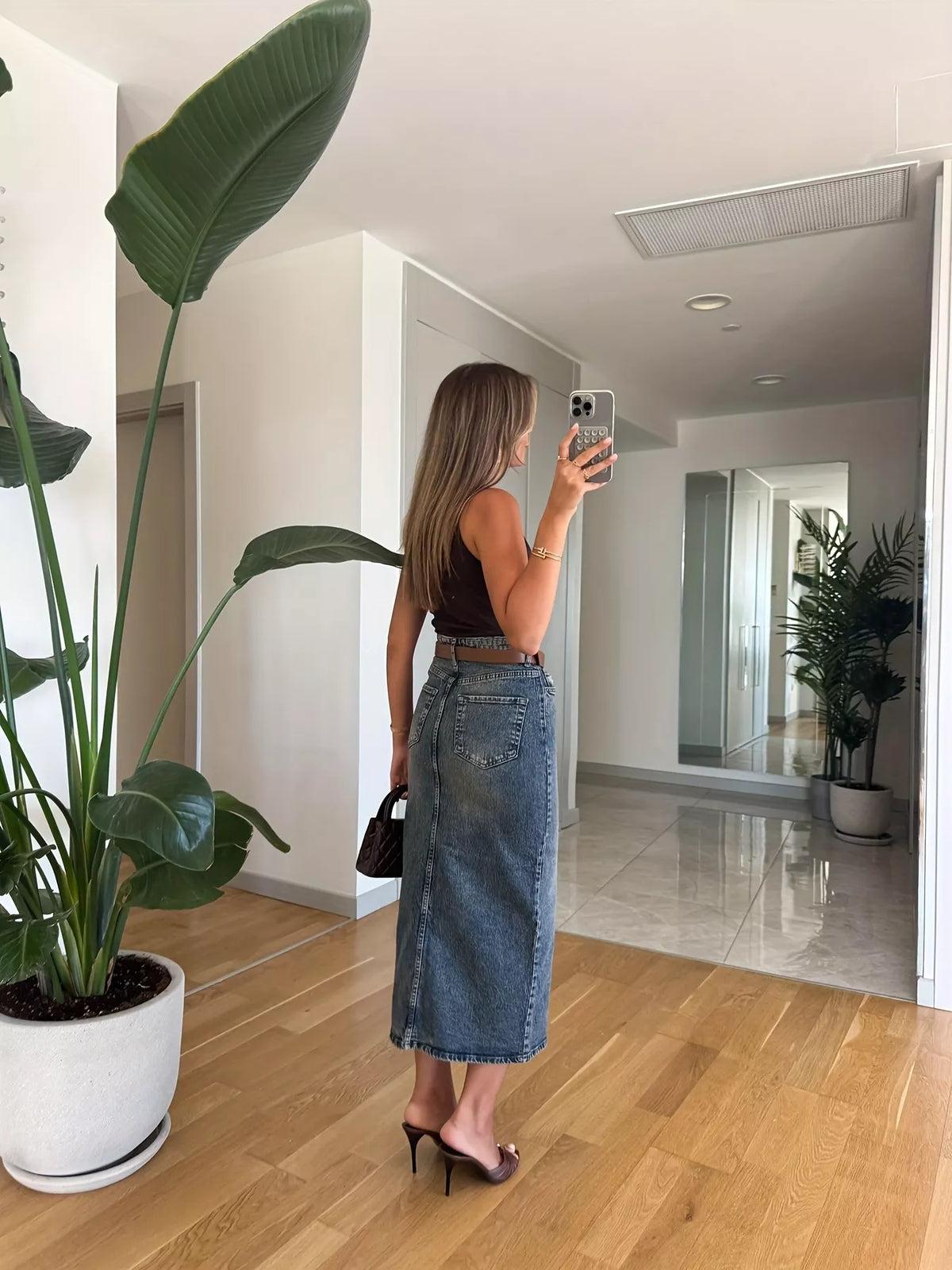 Pocketed Slit Front Denim Skirt in Medium by Lone Star Lady