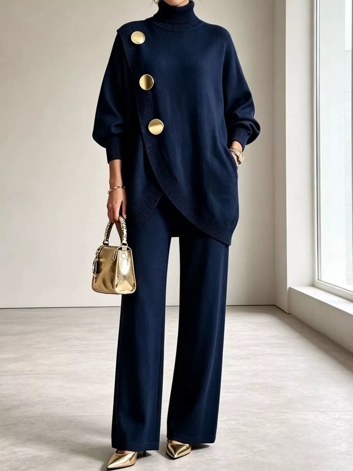 Ribbed Turtleneck Top and Pants Sweater Set