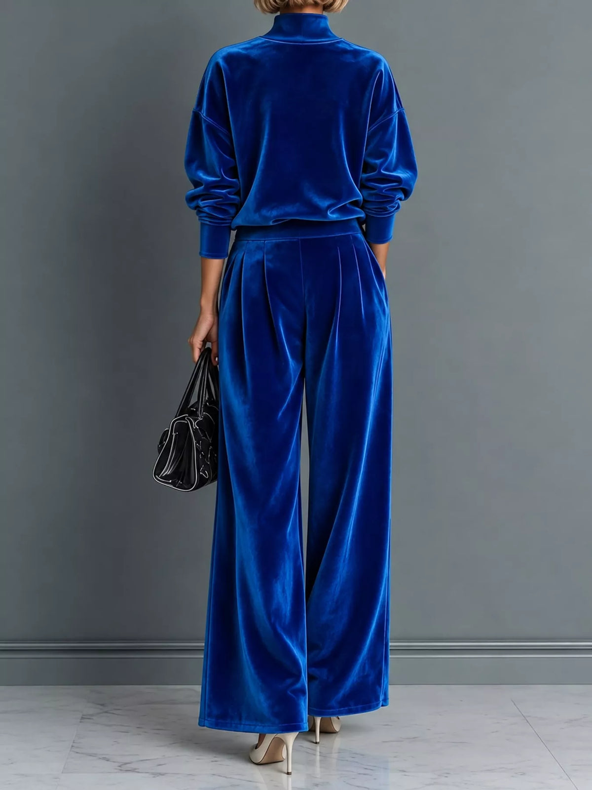 Velvet Mock Neck Top and Wide-Leg Pants Set