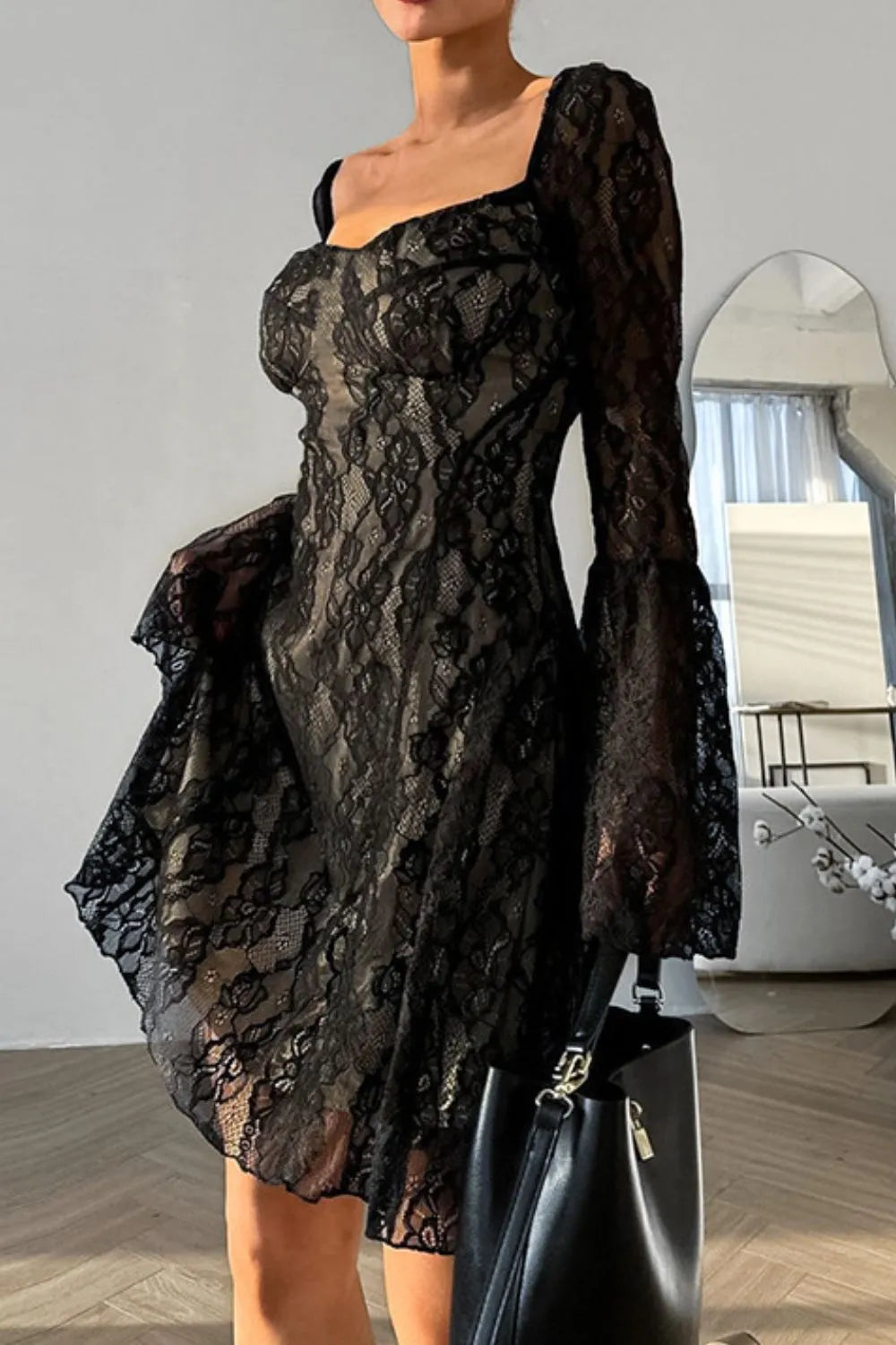 Lace Sweetheart Neck Flare Sleeve Mini Dress in Black