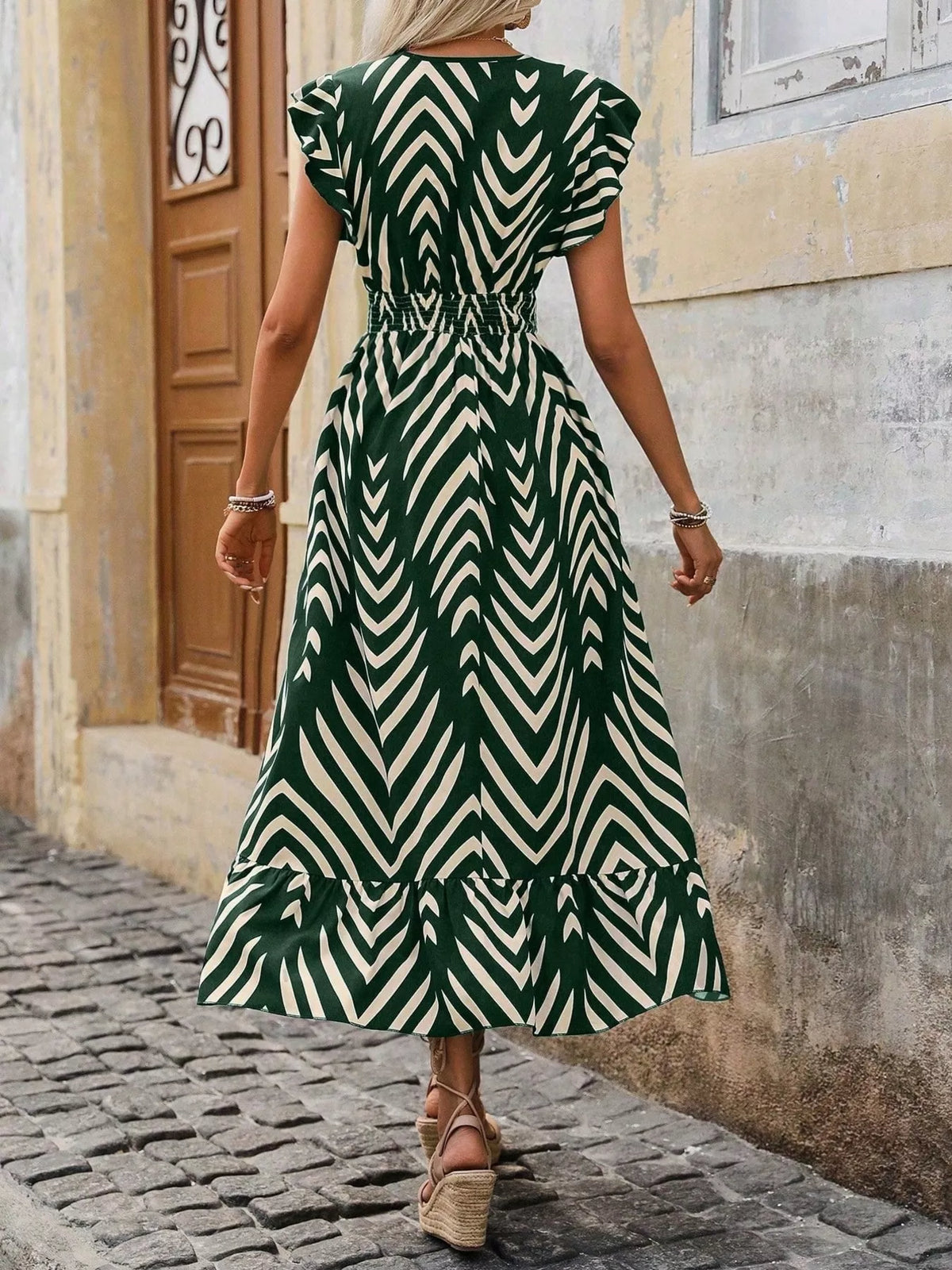Smocked Cap-Sleeve High-Low Midi Dress