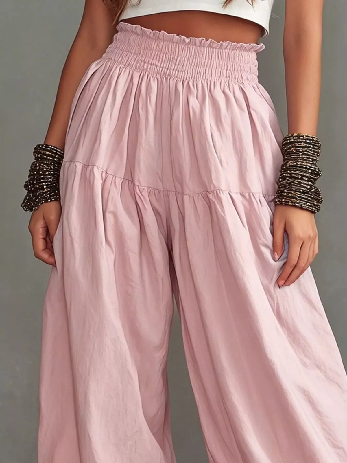 Smocked Ruffle Hem Wide Leg Pants