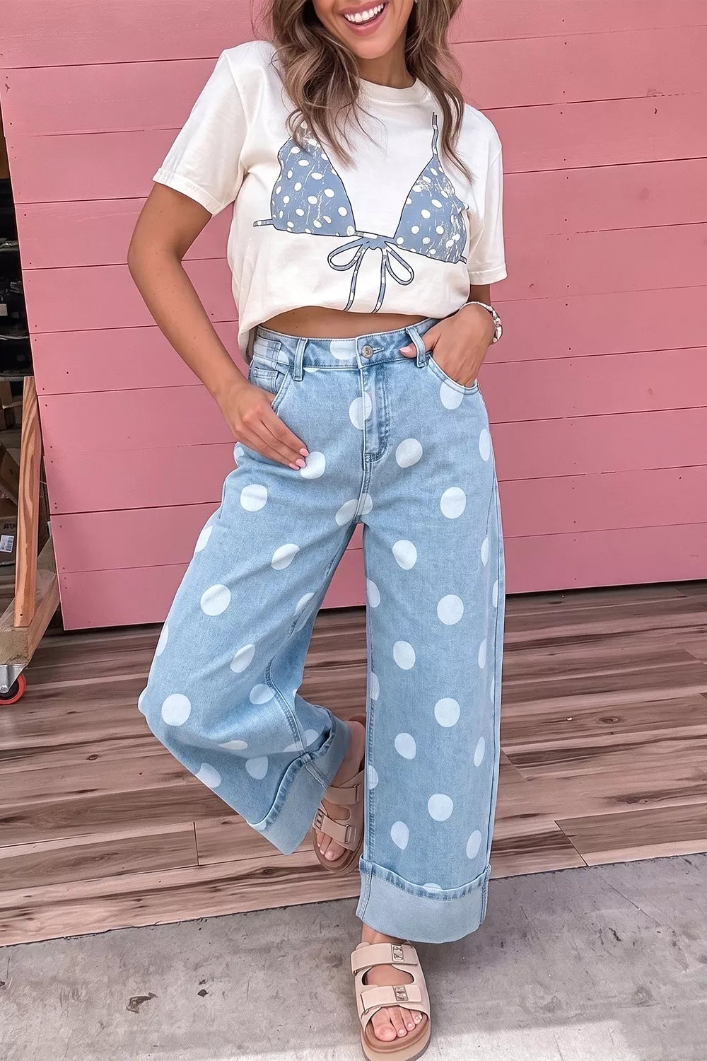 Polka Dot Metal-Button Ankle Jeans in Light Blue