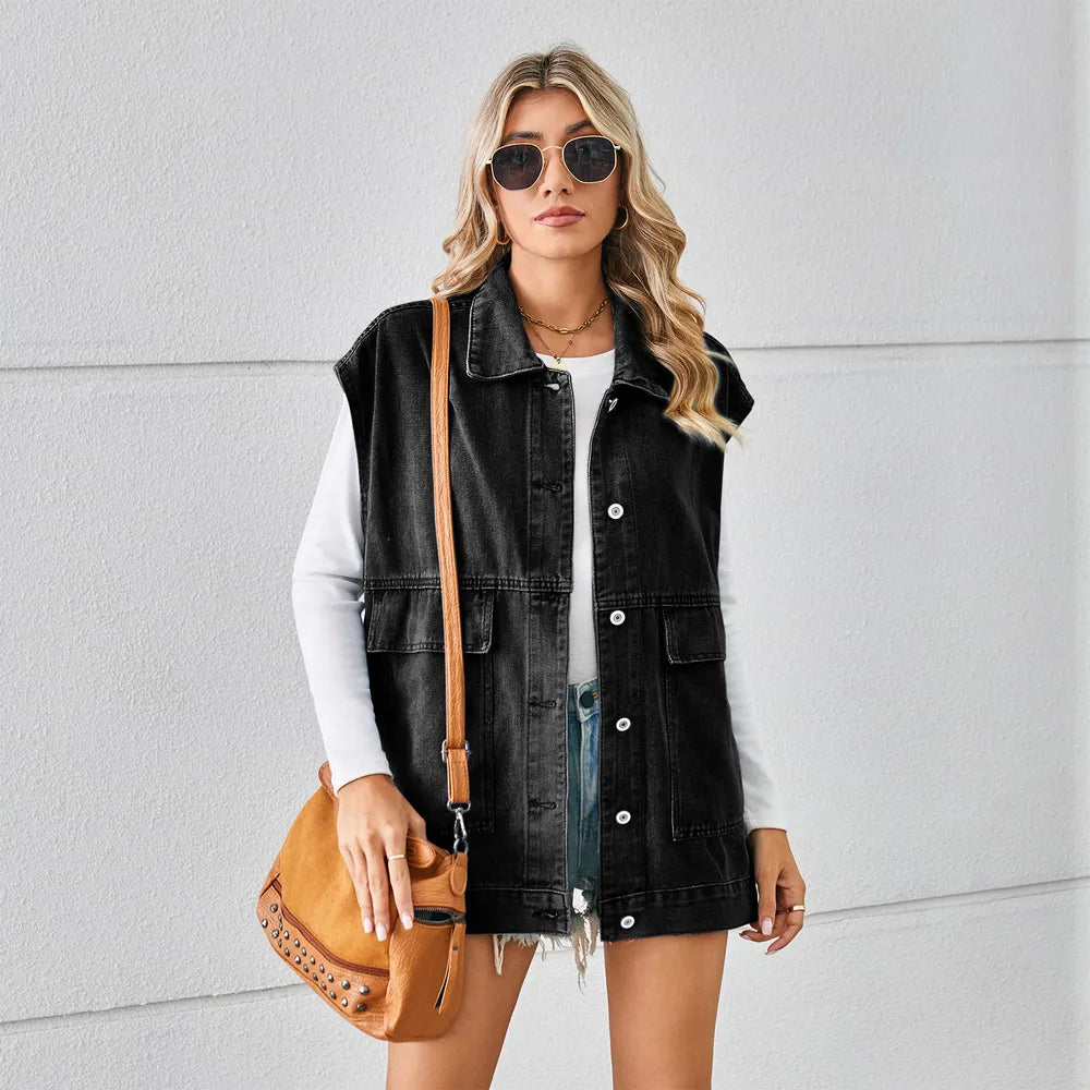 Pocketed Button Up Sleeveless Denim Jacket by Manny