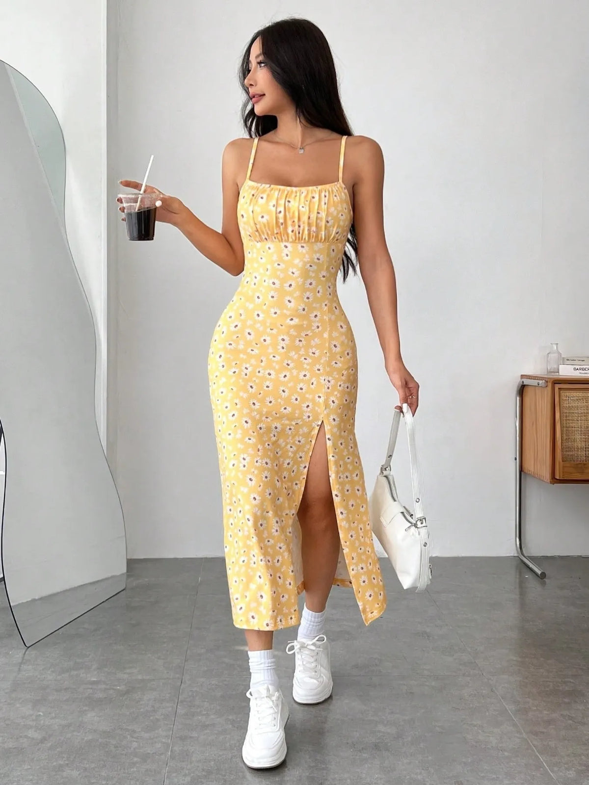 Ruched Slit Cami Midi Dress