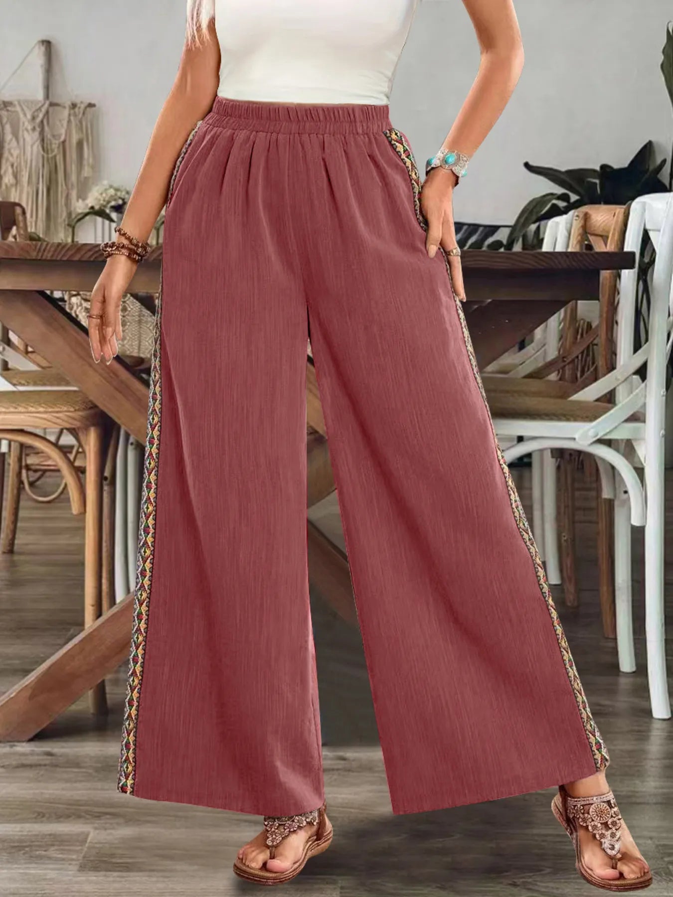 Embroidered Side-Stripe Wide-Leg Pants