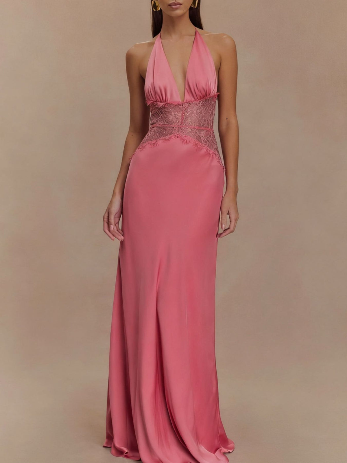 Halter Neck Lace-Trimmed Maxi Dress by Mystique Q