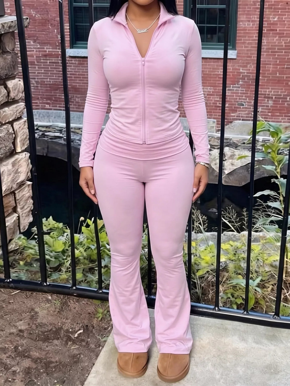 Slim Fit Hooded Zip-Up Top and Flared Pants Set in Pink
