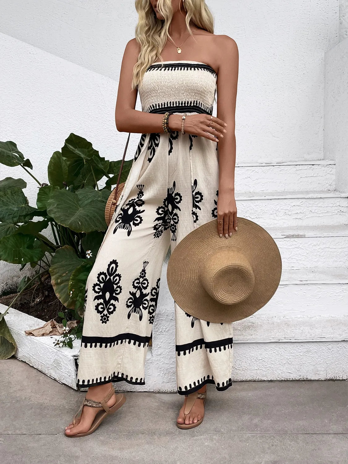 Smocked Wide Leg Jumpsuit in Beige
