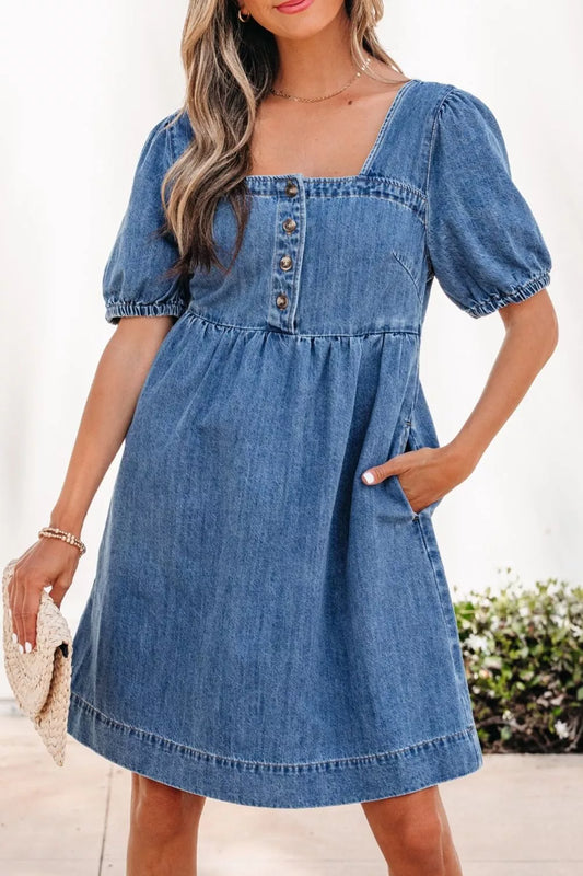 Button-Front Puff Sleeve Denim Dress in Medium Wash