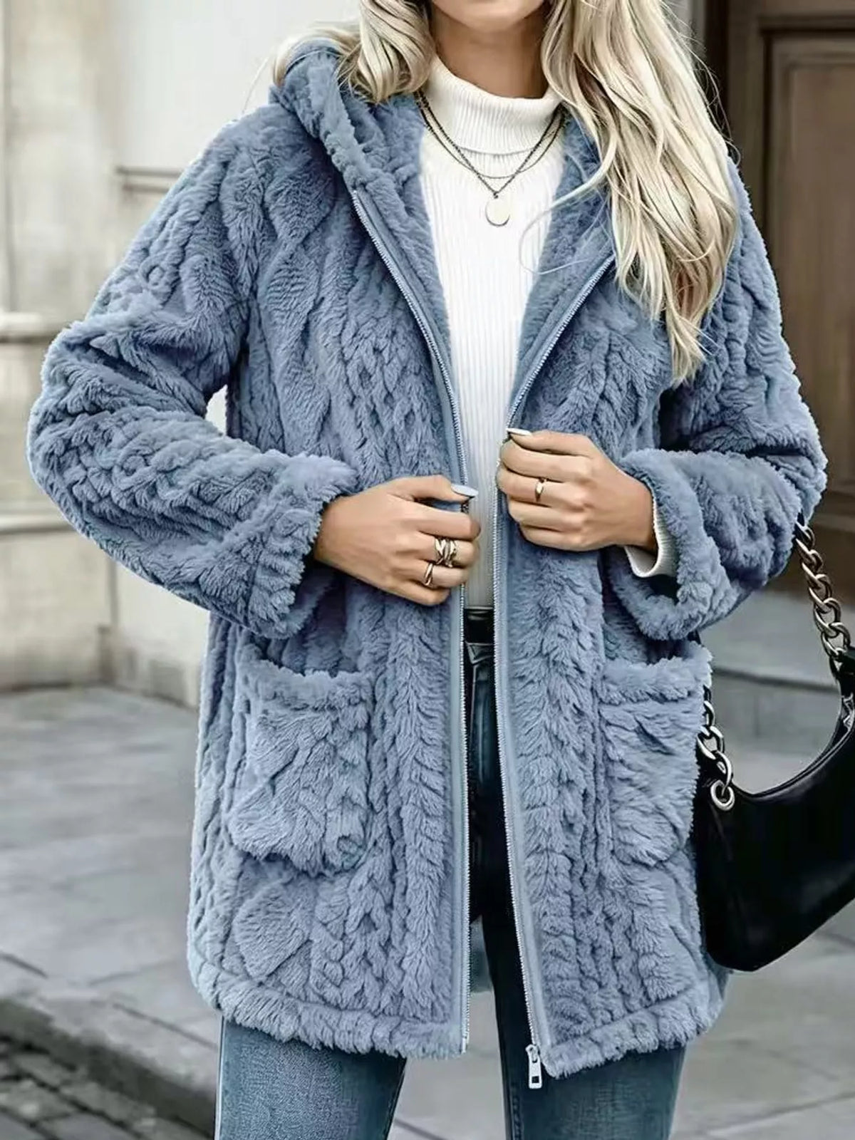 Faux Fur Hooded Zip-Up Jacket in Ocean Blue