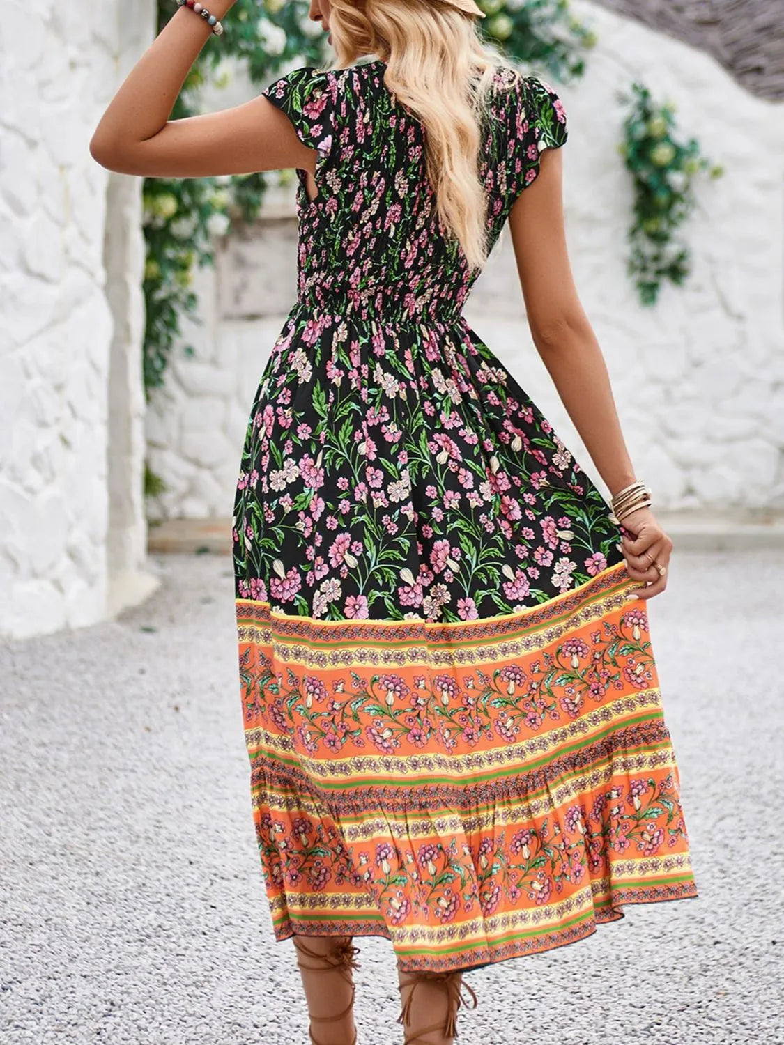 Printed Round Neck Cap Sleeve Dress by Golden Gueen