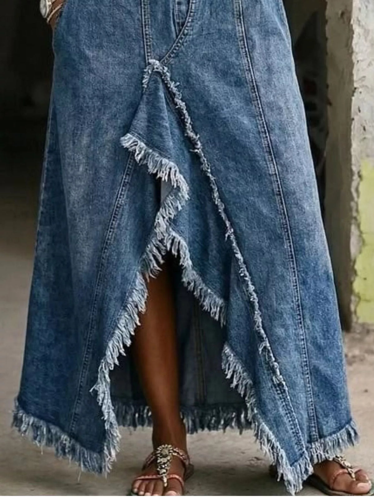 Off-Shoulder Raw Hem Denim Maxi Dress in Blue