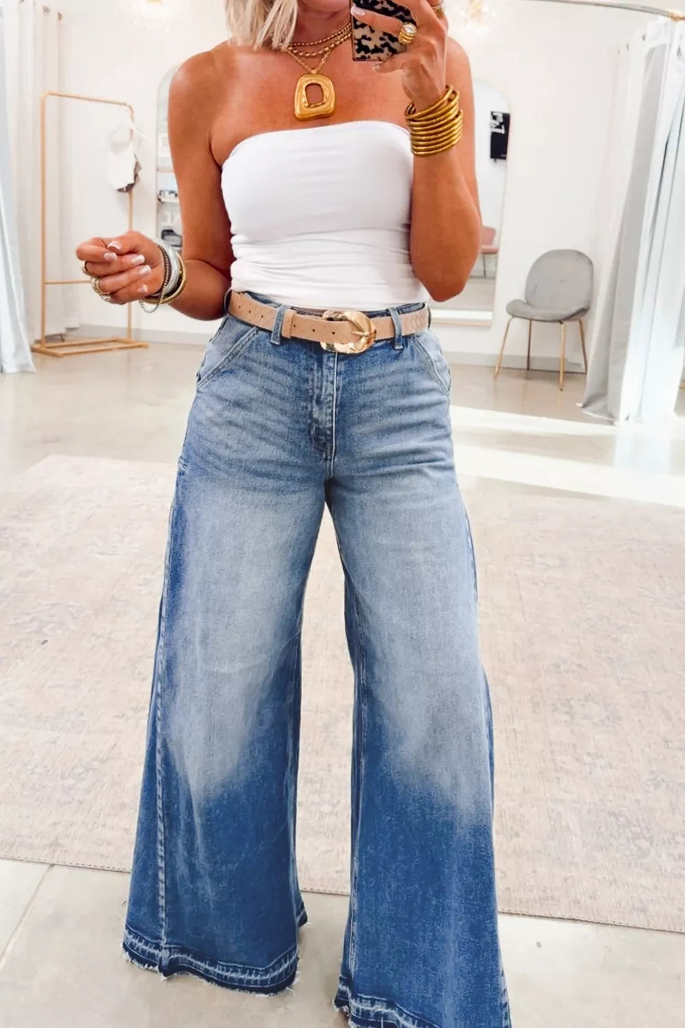 Side-Seam Gathered Flare Leg Jeans in Dusty Blue