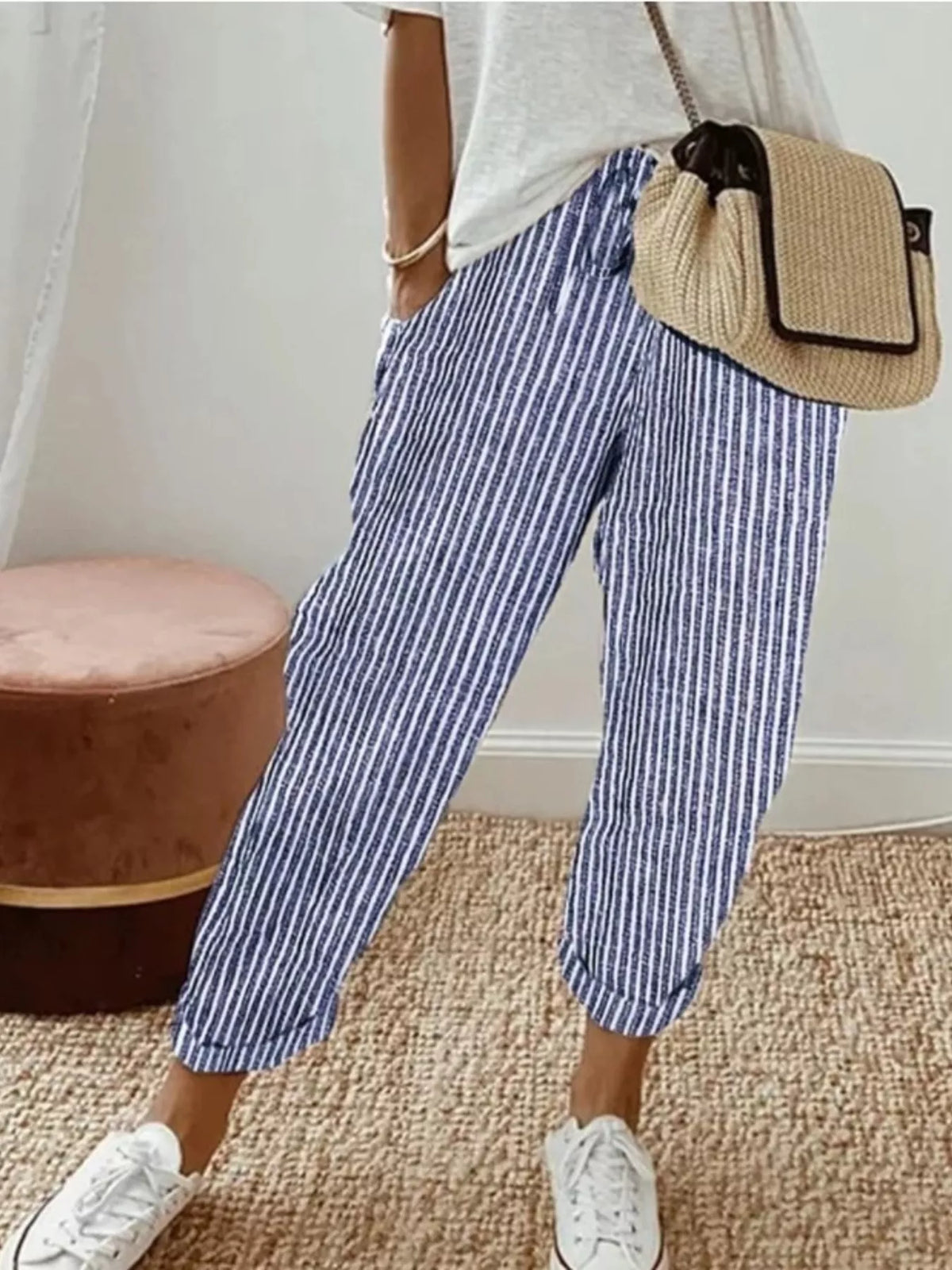 Striped Drawstring Cropped Pants