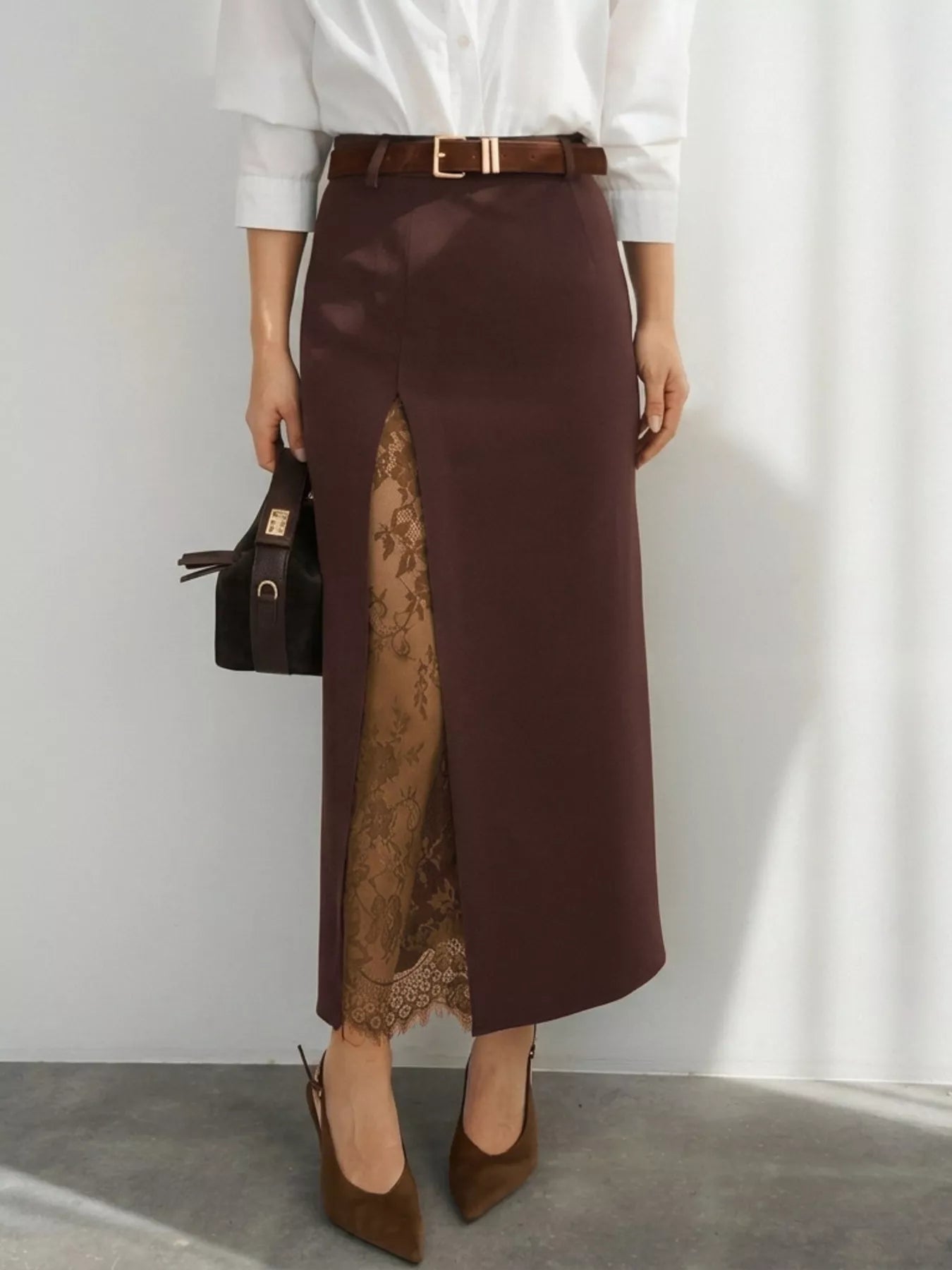 Lace-Trimmed Slit A-Line Skirt