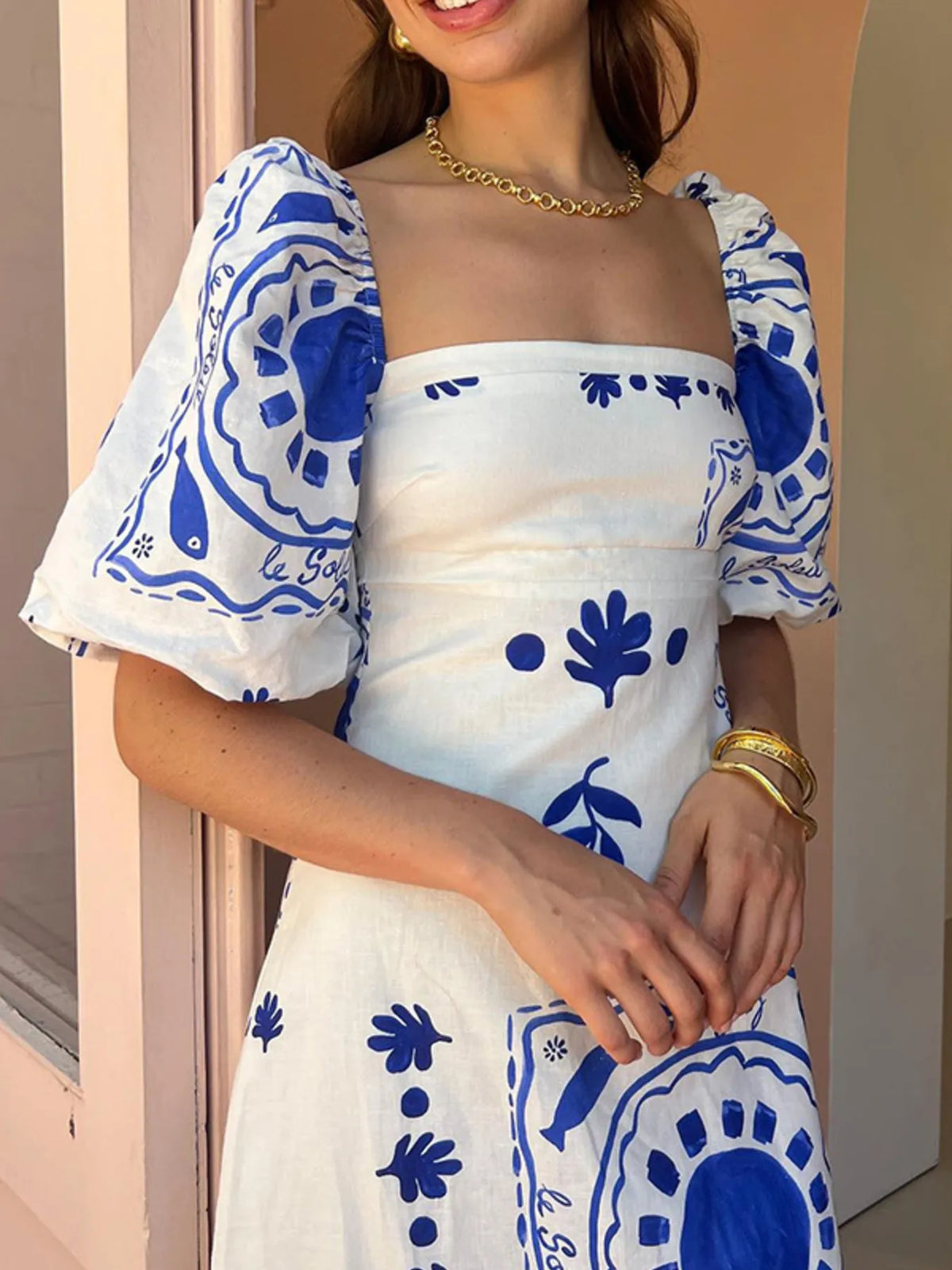 Floral Square-Neck Puff-Sleeve Maxi Dress in Blue