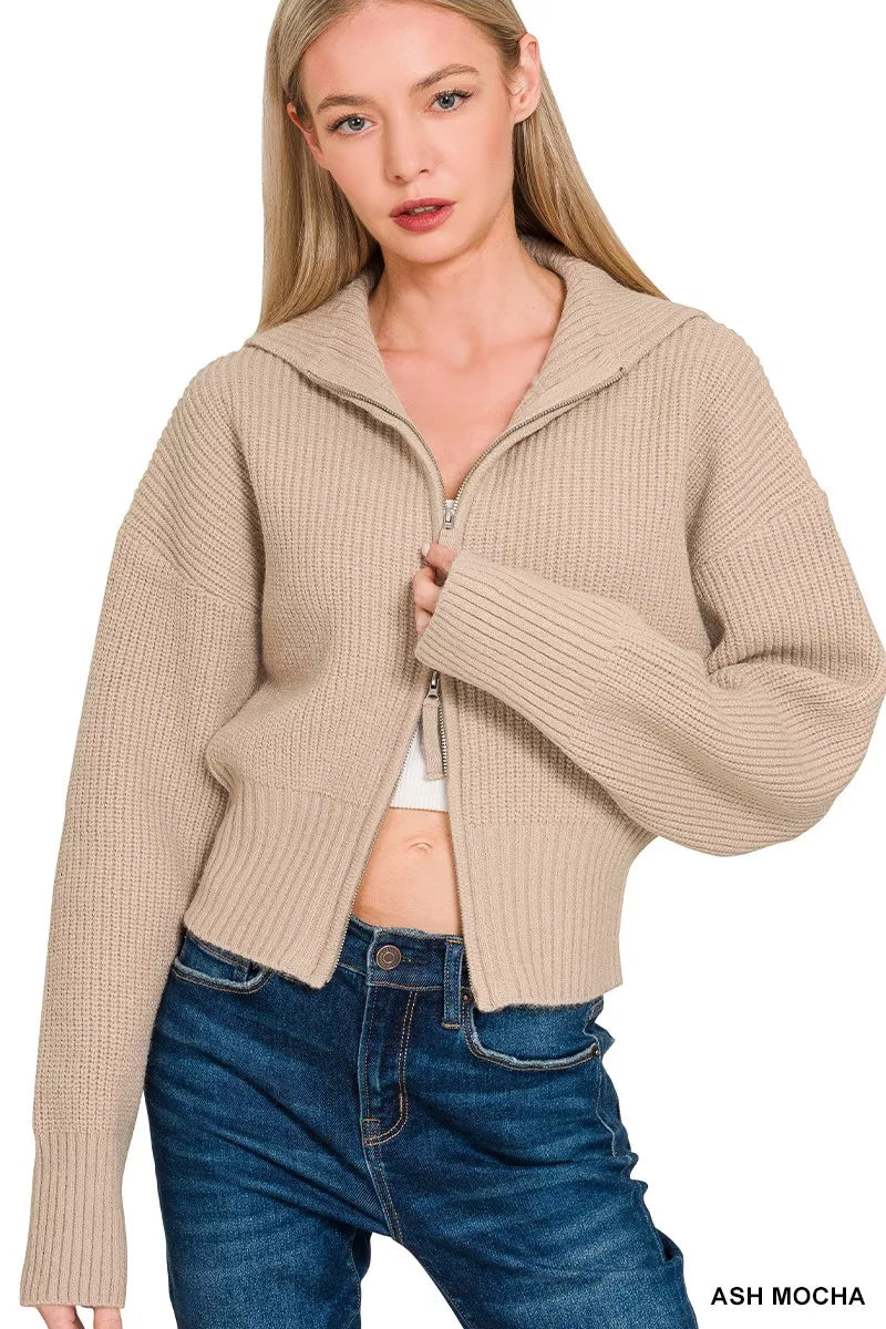 Zenana Ribbed Collared Zip-Up Cardigan in Ash Mocha