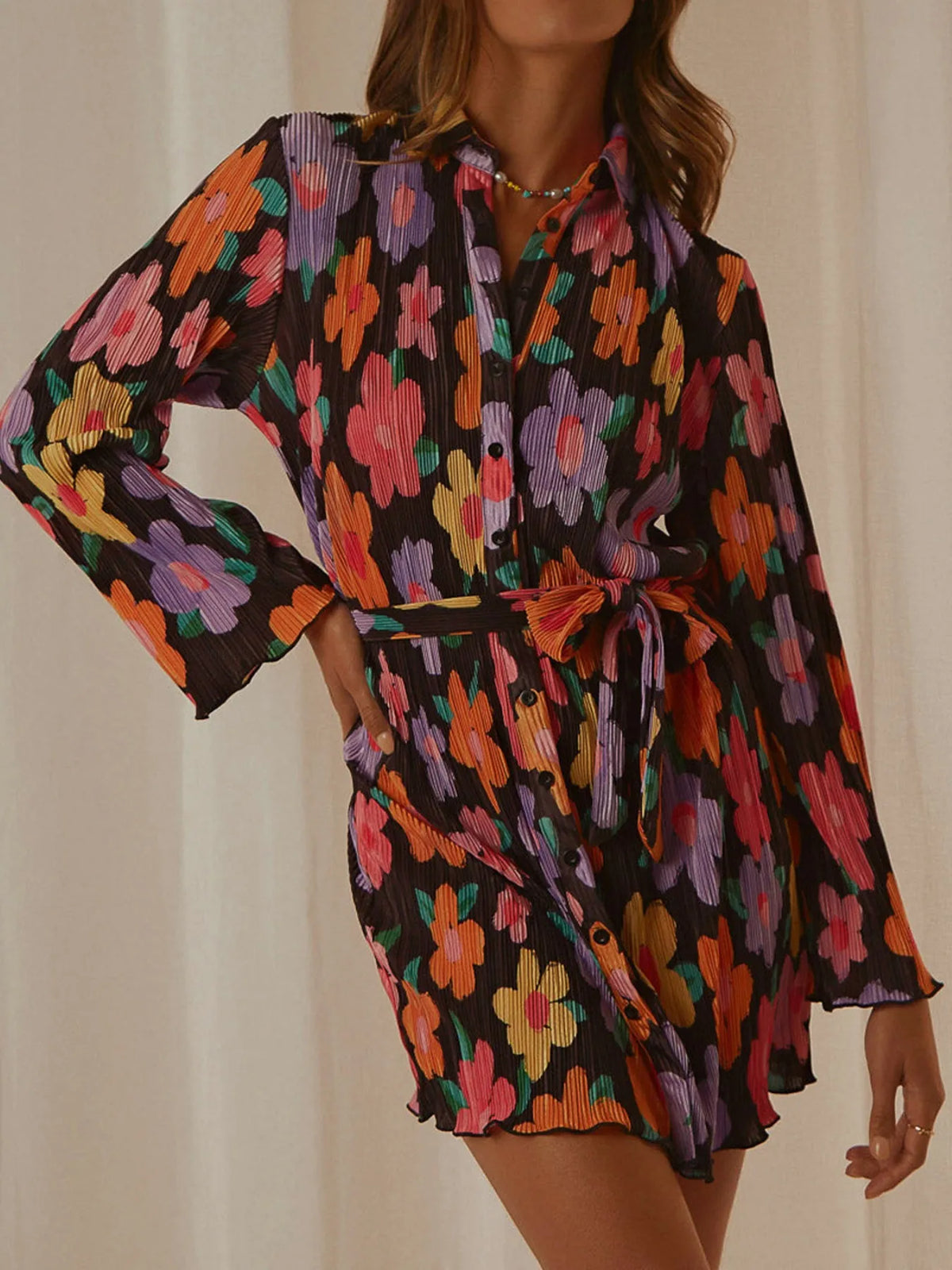 Printed Long-Sleeve Button-Front Mini Dress