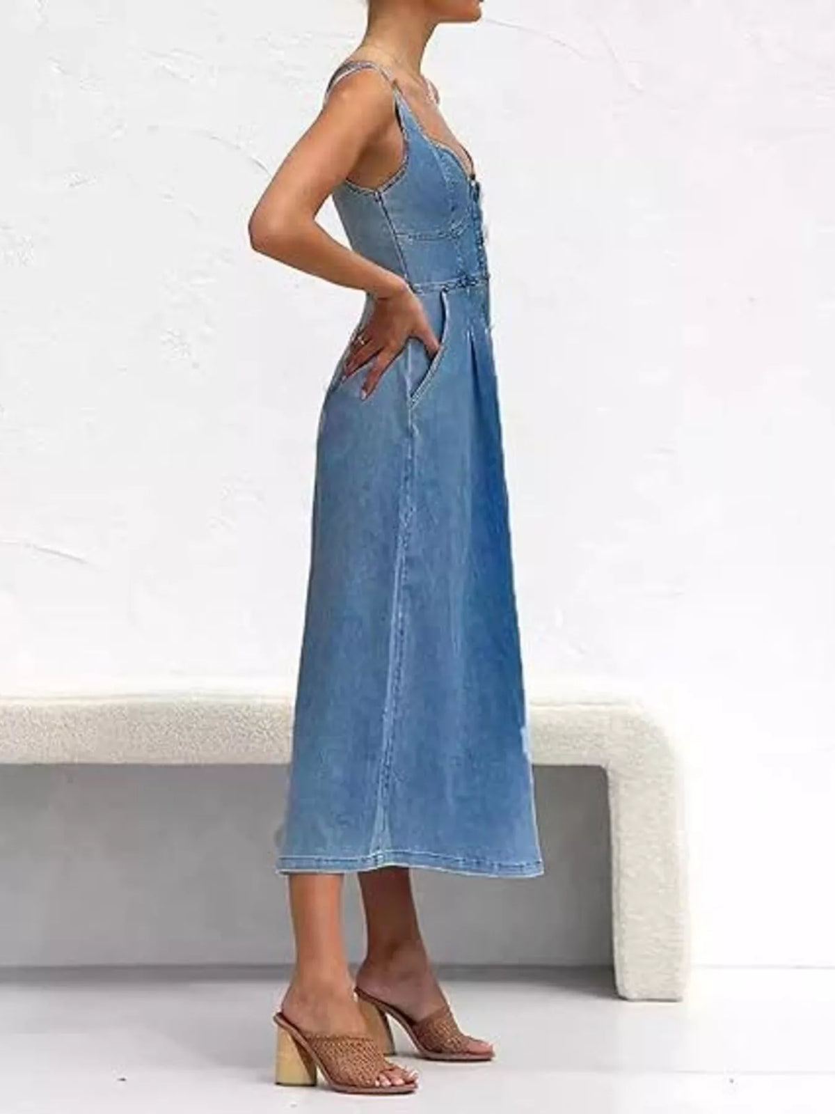 Smocked Back Button-Front Denim Midi Dress