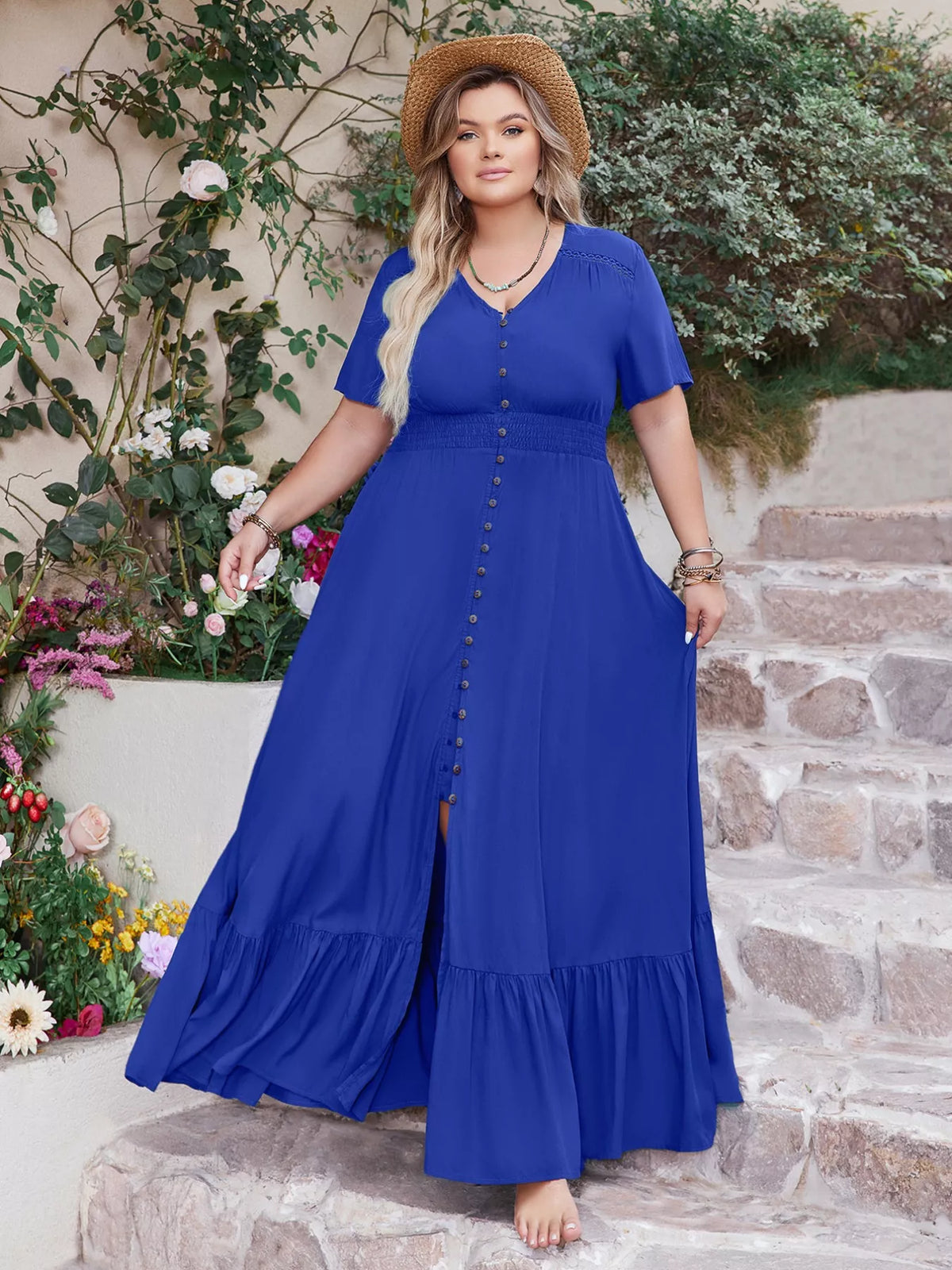 V-Neck Ruffled Hem Maxi Dress in Royal Blue