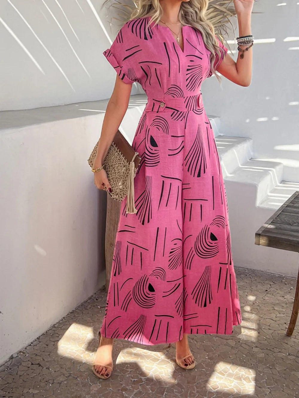Printed Notched Wide-Leg Jumpsuit