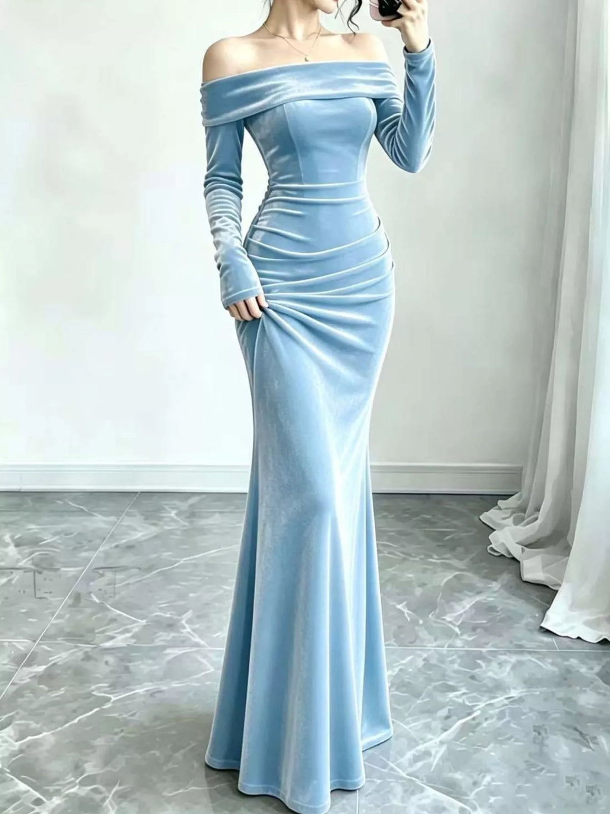 Off-Shoulder Ruched Mermaid Maxi Dress